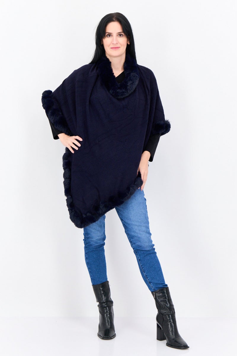 ADRIENNE VITTADINI Women Faux Fur Plain Poncho, Navy - Image 4