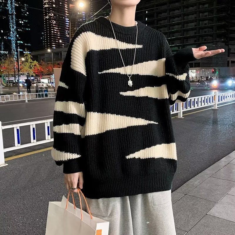 Color matching sweater mens autumn and winter niche high-grade plus size knitwear Japanese style lazy style ruffle handsome loose sweater Black  - Image 1