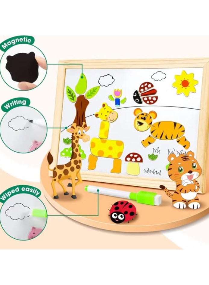 Generic More than 100 pieces of magnetic wooden jigsaw with whiteboard stand, double-sided educational toys for children and girls aged 3 years and above, Cool Joy, multi-color - Image 1