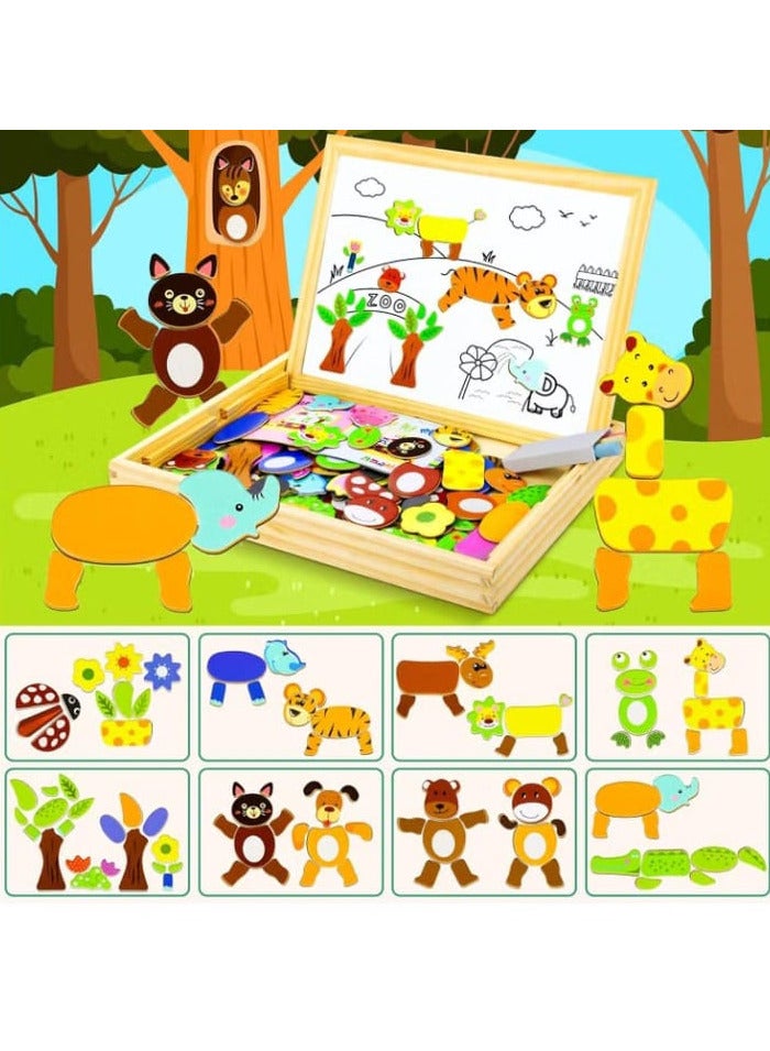 Generic More than 100 pieces of magnetic wooden jigsaw with whiteboard stand, double-sided educational toys for children and girls aged 3 years and above, Cool Joy, multi-color - Image 3