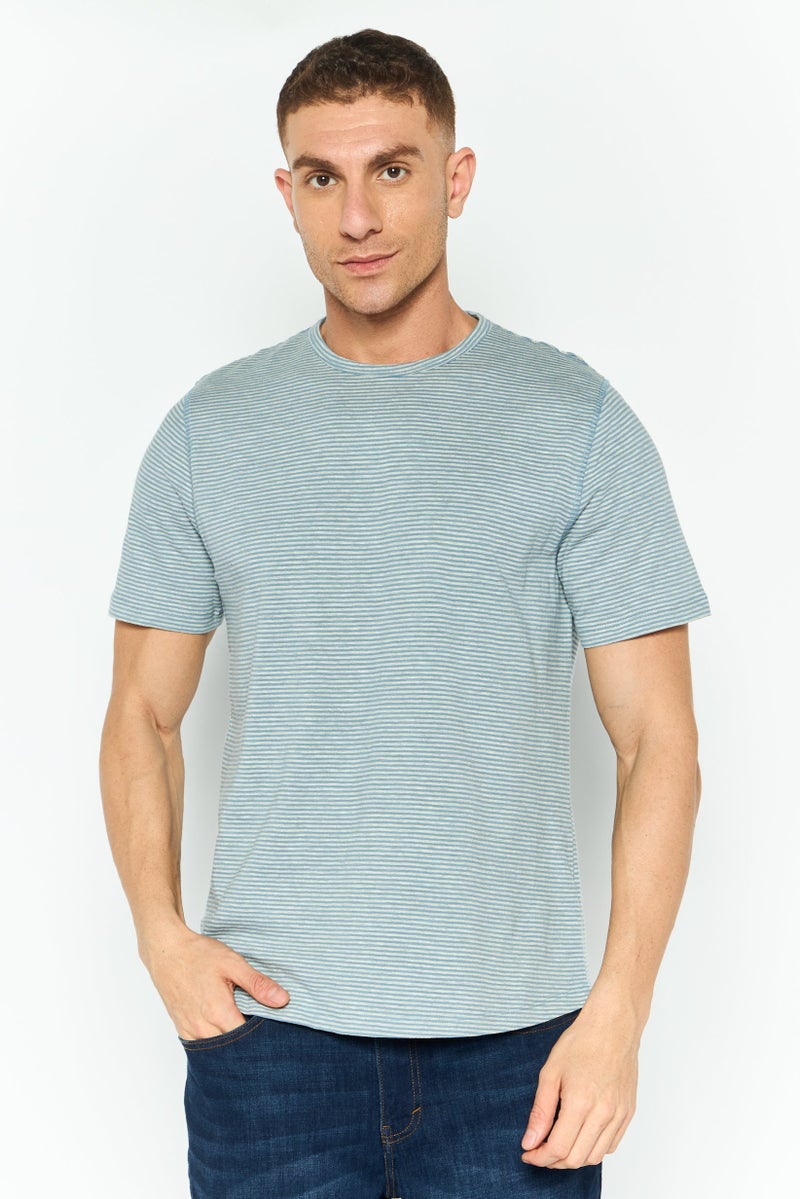 Project Essentials Men Crew Neck Short Sleeve Stripe T Shirt, Blue - Image 1