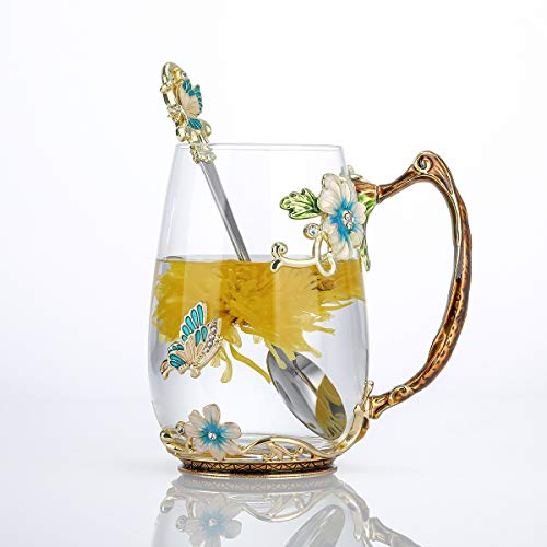 Luka Tech Enamel Butterfly flower Leadfree Glass Coffee Mugs Tea Cup with Steel Spoon personalised Gifts For Women Wife Mom Girl Teacher Friends Birthday Mothers Valentines Day Wedding Rose