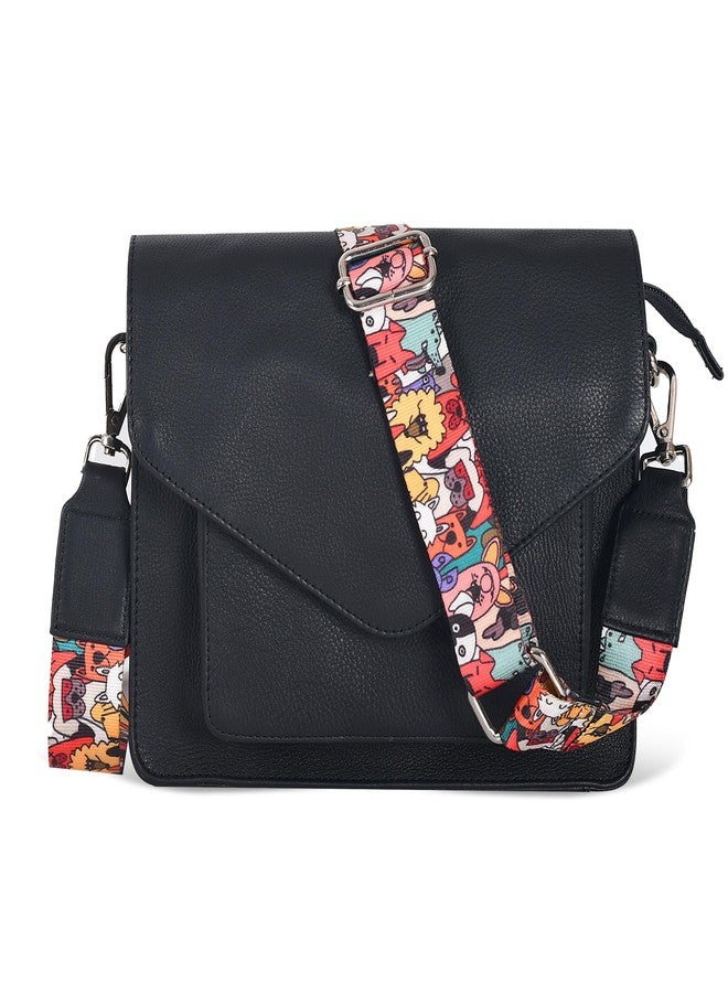 Ozora Leather Flapover Crossbody Handbag Purse for Women with Adjustable Strap & Overflap Snap Closure Tote/Bag, Black Ndm W3, Medium - Image 1