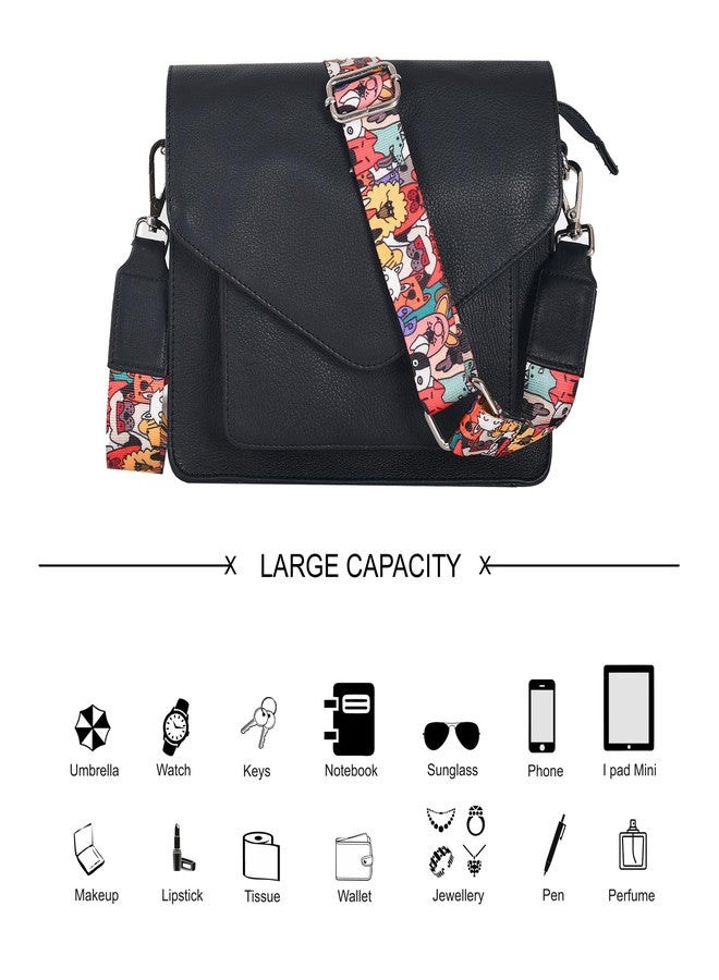 Ozora Leather Flapover Crossbody Handbag Purse for Women with Adjustable Strap & Overflap Snap Closure Tote/Bag, Black Ndm W3, Medium - Image 5