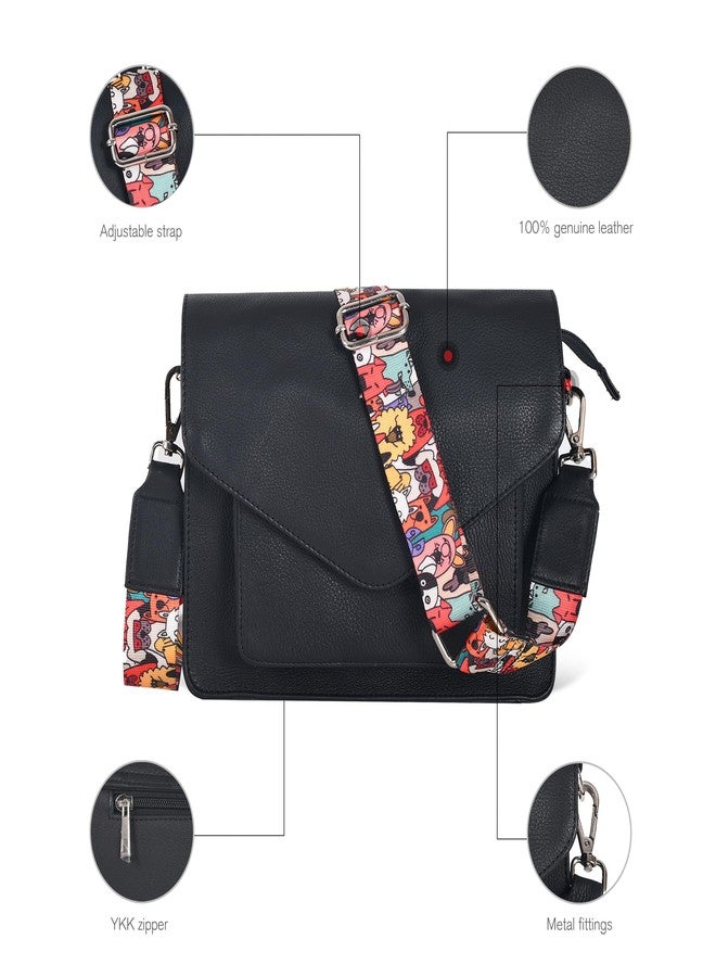 Ozora Leather Flapover Crossbody Handbag Purse for Women with Adjustable Strap & Overflap Snap Closure Tote/Bag, Black Ndm W3, Medium - Image 3