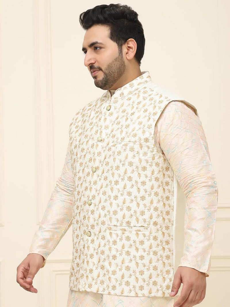 SOJANYA Plus (Since 1958), Mens Silk Blend Cream & Gold Embroidered Nehru Jacket - Image 3