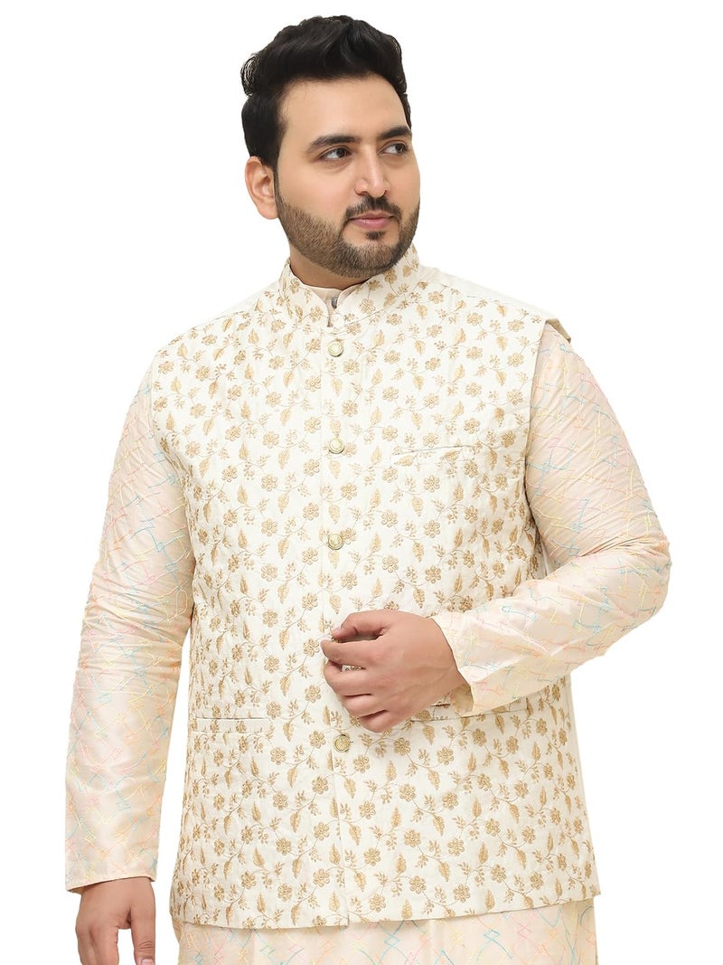 SOJANYA Plus (Since 1958), Mens Silk Blend Cream & Gold Embroidered Nehru Jacket - Image 1