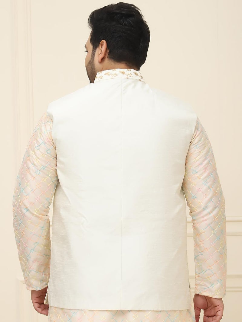 SOJANYA Plus (Since 1958), Mens Silk Blend Cream & Gold Embroidered Nehru Jacket - Image 5