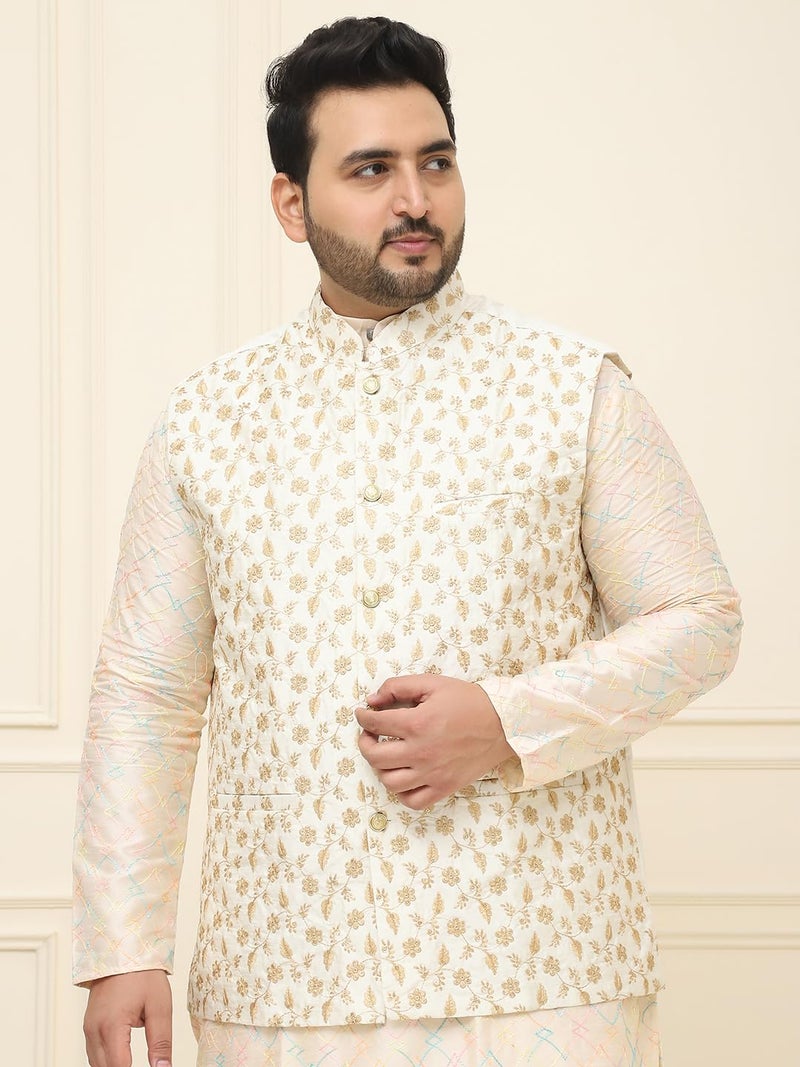SOJANYA Plus (Since 1958), Mens Silk Blend Cream & Gold Embroidered Nehru Jacket - Image 2