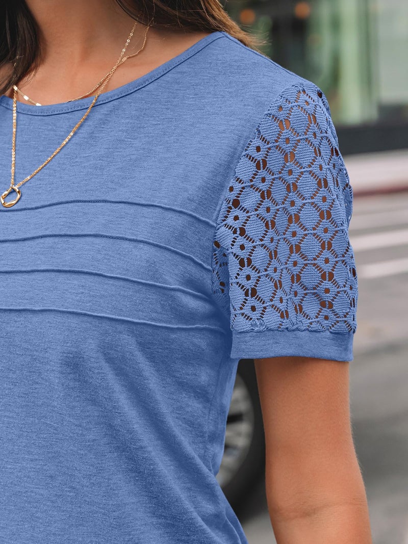 AUTOMET Short Sleeve Shirts for Women Summer Tops 2026 Spring Fashion Dressy Casual Outfits Lace Trendy Top Cute Work T Shirt Business Vacation Clothes Blouses Blue L - Image 5