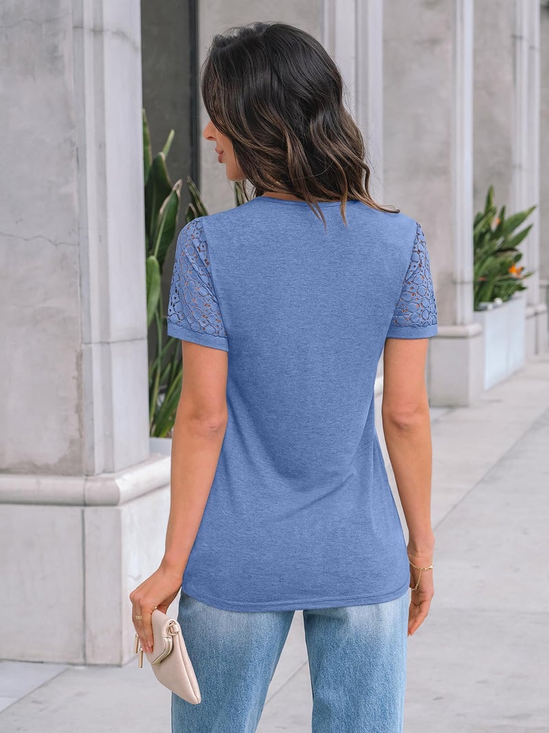 AUTOMET Short Sleeve Shirts for Women Summer Tops 2026 Spring Fashion Dressy Casual Outfits Lace Trendy Top Cute Work T Shirt Business Vacation Clothes Blouses Blue L - Image 4