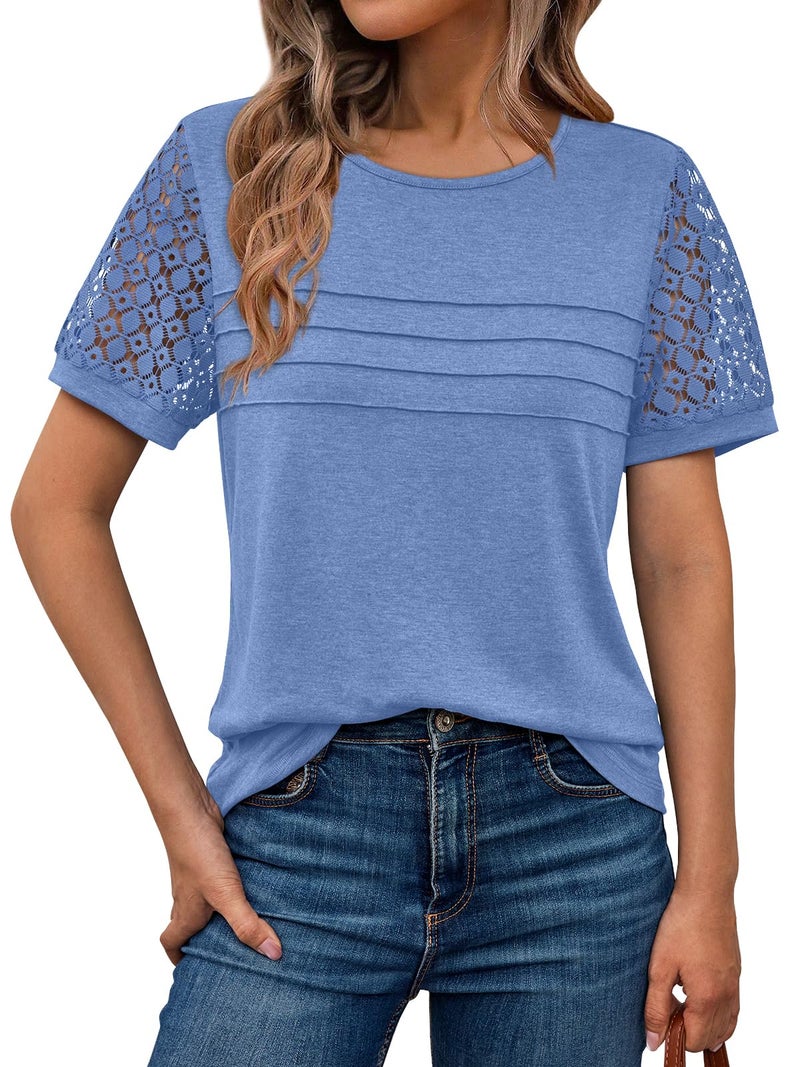 AUTOMET Short Sleeve Shirts for Women Summer Tops 2026 Spring Fashion Dressy Casual Outfits Lace Trendy Top Cute Work T Shirt Business Vacation Clothes Blouses Blue L - Image 1