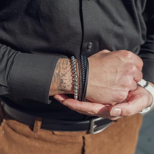 SERASAR Mens Silver Bracelets 23cm Bracelet Men Gift Box Genuine Leather Cowhide Braided Magnetic Clasp Multi Layer Wrap Rope Man Mans Male Band Jewelry Magnet Accessories - Image 4