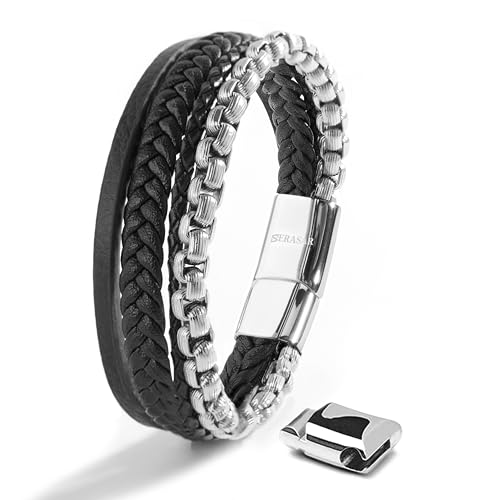 SERASAR Mens Silver Bracelets 23cm Bracelet Men Gift Box Genuine Leather Cowhide Braided Magnetic Clasp Multi Layer Wrap Rope Man Mans Male Band Jewelry Magnet Accessories - Image 1