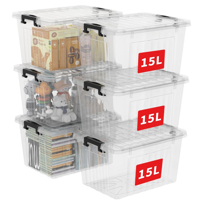 Cetomo 15L6 Storage Boxes with Lids Plastic Storage Bins with Latching Buckles Click Closure Stackable Nestable Clear Organizer for Home Office Clothes Transparent 15L6 Pack