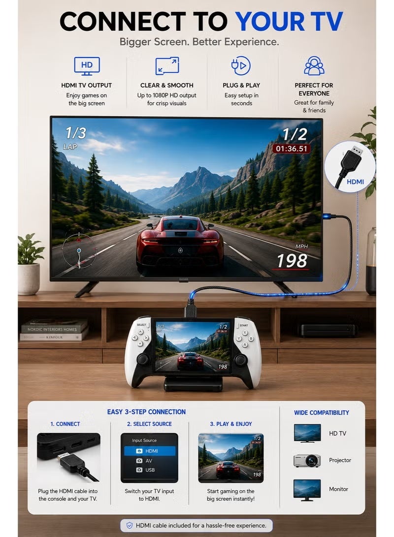 ELTRAZONE SF3500 PRO Portable Retro Game Console, 5-Inch IPS HD Display, Dual Wireless Controllers, 64GB Storage, Built-In Classic Games, Rechargeable Battery, Handheld Gaming System for Kids & Adults – Black - Image 4
