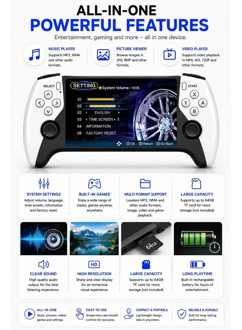 ELTRAZONE SF3500 PRO Portable Retro Game Console, 5-Inch IPS HD Display, Dual Wireless Controllers, 64GB Storage, Built-In Classic Games, Rechargeable Battery, Handheld Gaming System for Kids & Adults – Black - Image 3