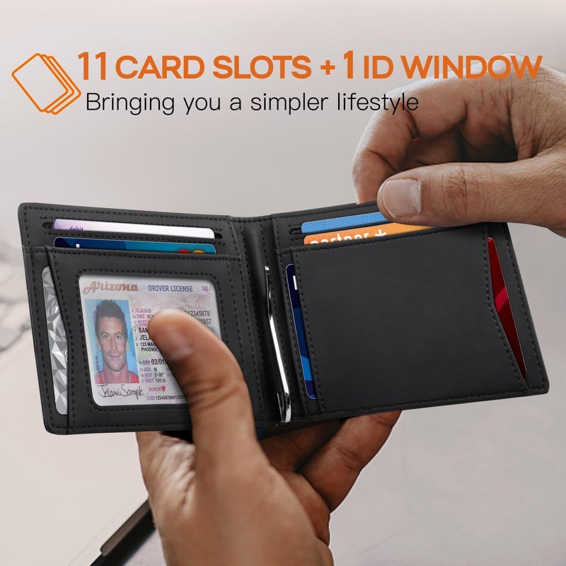 RUNBOX Slim Money Clip Wallets for Men RFID Blocking 11 Card Holder Minimalist Small Leather Bifold Men's Front Pocket Wallet Gift Box - Image 2