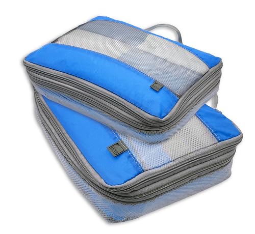 Lewis N. Clark ElectroLight Expandable Compression-Packing Cube + Travel Organizer for Luggage, Suitcase or Carry On with Smart Design Grab Handle & Breathable Mesh, 2-Pack (1 Med, 1 Lrg), Dark Blue - Image 1