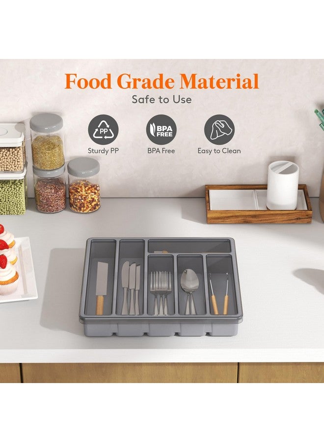 لايفويت منظم أدوات المائدة لايف ويت مع غطاء، صينية أدوات مغطاة لدرج المطبخ وطاولة العمل، صندوق بلاستيكي لتخزين أدوات المائدة والملاعق والشوك والسكاكين، 6 أقسام، رمادي - Image 4