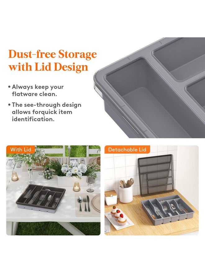 لايفويت منظم أدوات المائدة لايف ويت مع غطاء، صينية أدوات مغطاة لدرج المطبخ وطاولة العمل، صندوق بلاستيكي لتخزين أدوات المائدة والملاعق والشوك والسكاكين، 6 أقسام، رمادي - Image 1