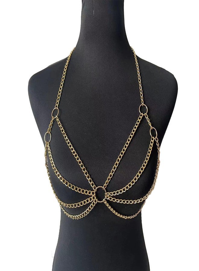 WFik Gothic Metal Link Chain Bra Body Jewelry Multi-layered Crossover Harness Chest Chain Festival Rave Punk Body Chain Jewelry for Women (Gold) - Image 5