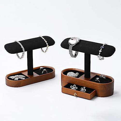 Oirlv Solid Wood Watch Stand with Drawer Tbar Watch Holder Organizer for Men and Women Showcase Bracelet Bangle Jewelry Display Stand Rings Earrings Necklace StorageDrawerBlack - Image 3