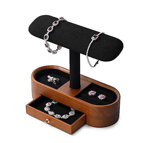 Oirlv Solid Wood Watch Stand with Drawer Tbar Watch Holder Organizer for Men and Women Showcase Bracelet Bangle Jewelry Display Stand Rings Earrings Necklace StorageDrawerBlack - Image 1