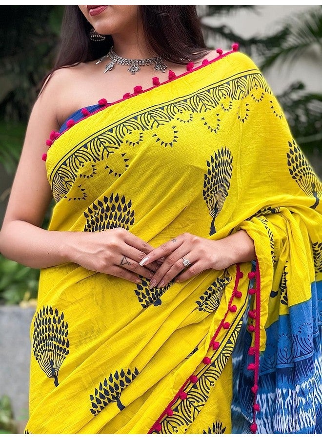 Hastshilpi ساري هاشتشيلبي من القطن ململ للنساء مع دانتيل بوم بوم - Image 3