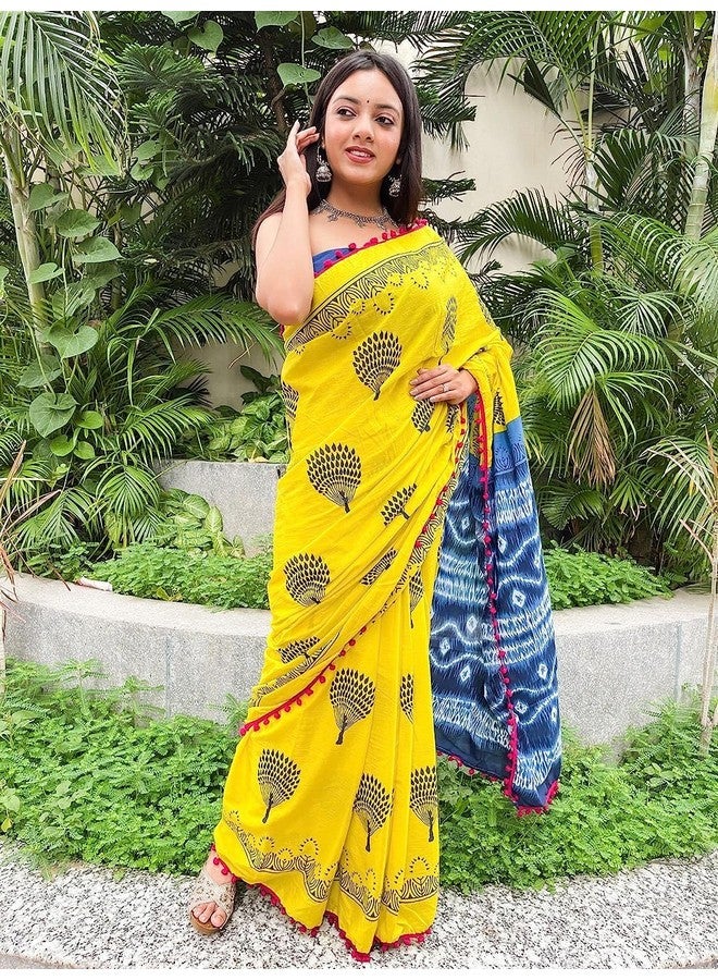 Hastshilpi ساري هاشتشيلبي من القطن ململ للنساء مع دانتيل بوم بوم - Image 2