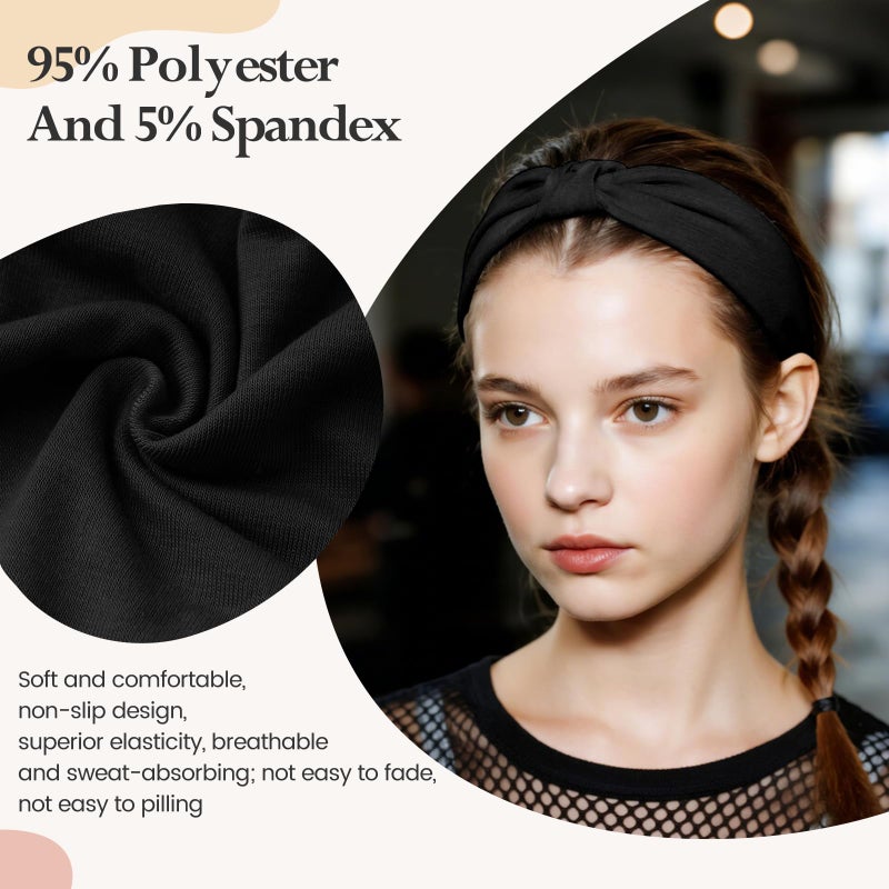 HSEM Headbands for Women, Wide Elastic Head Bands, Non-Slip Thick Hair Bands, Sports Stretchy Sweat Bands, Large Knotted Soft Headband for Washing Face, Makeup, Workout, Spa, Two Black/White/Gray - Image 3
