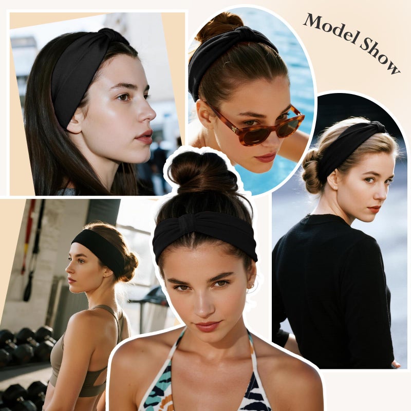 HSEM Headbands for Women, Wide Elastic Head Bands, Non-Slip Thick Hair Bands, Sports Stretchy Sweat Bands, Large Knotted Soft Headband for Washing Face, Makeup, Workout, Spa, Two Black/White/Gray - Image 5