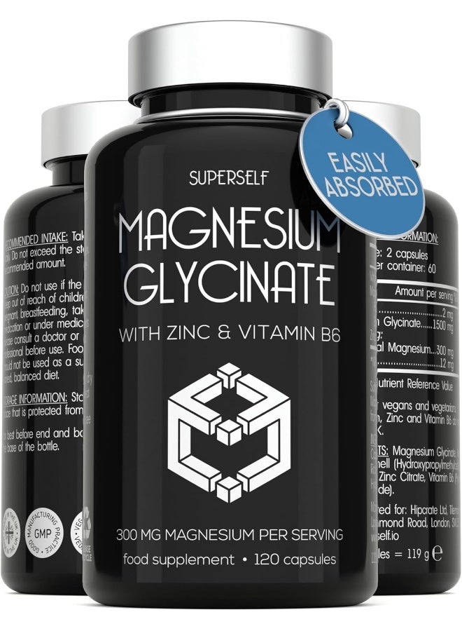 SUPERSELF Magnesium Glycinate Supplement - 1500mg Magnesium Bisglycinate Capsules with Zinc & Vitamin B6-120 Tablets High Strength Complex - 300mg Chelated Supplement with Zinc - Advanced Absorption - UK Made - Image 1