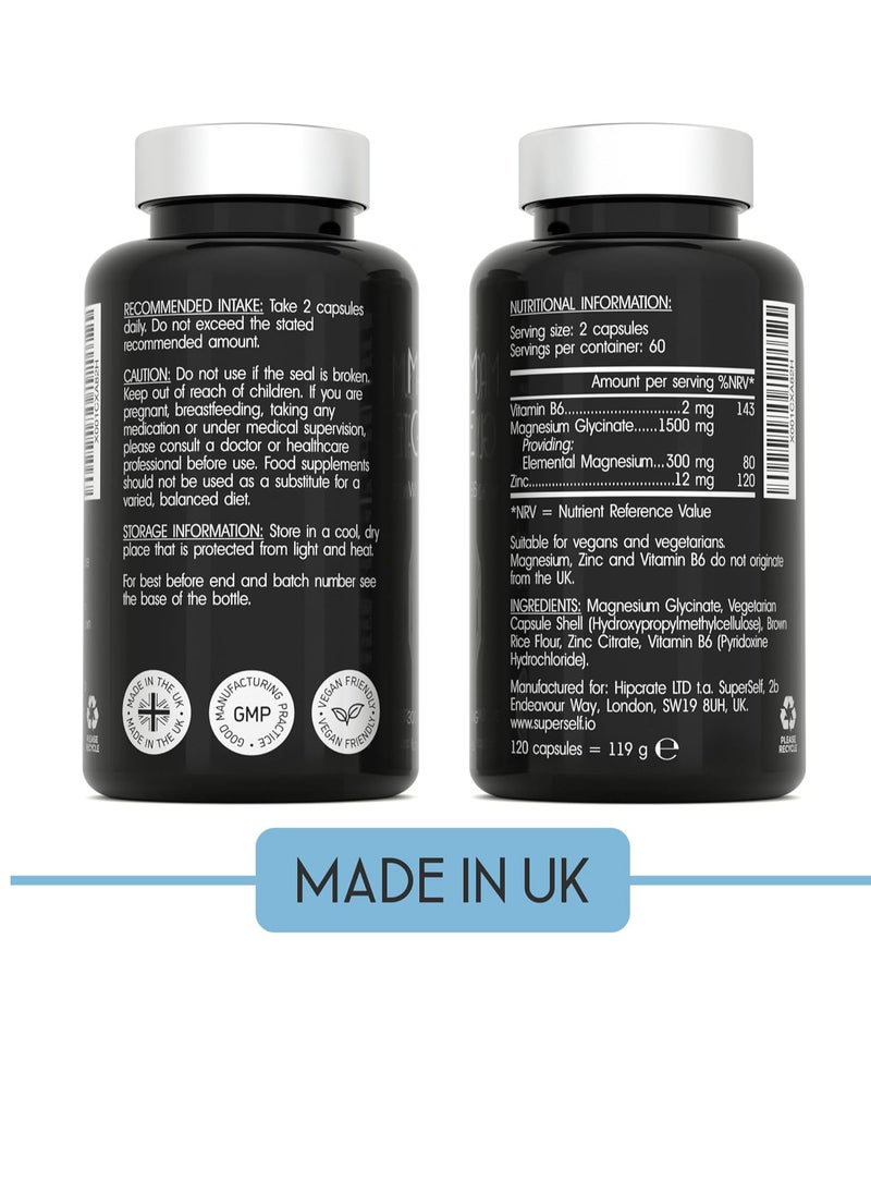SUPERSELF - Magnesium Glycinate Supplement - 1500mg Magnesium Bisglycinate Capsules with Zinc & Vitamin B6-120 Tablets High Strength Complex - 300mg Chelated Magnesium and Zinc - Advanced Absorption - UK Made - Image 1