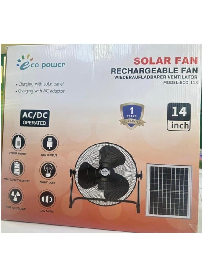 Rechargeable Solar Fan, DC Motor Quiet 14 Inch Pedestal Fan Oscillating Movement Fan Head 3 Speed with Solar Panel Rechargeable Portable Fan for Office Home Outdoor Camping (With Usb Port)  - Image 2