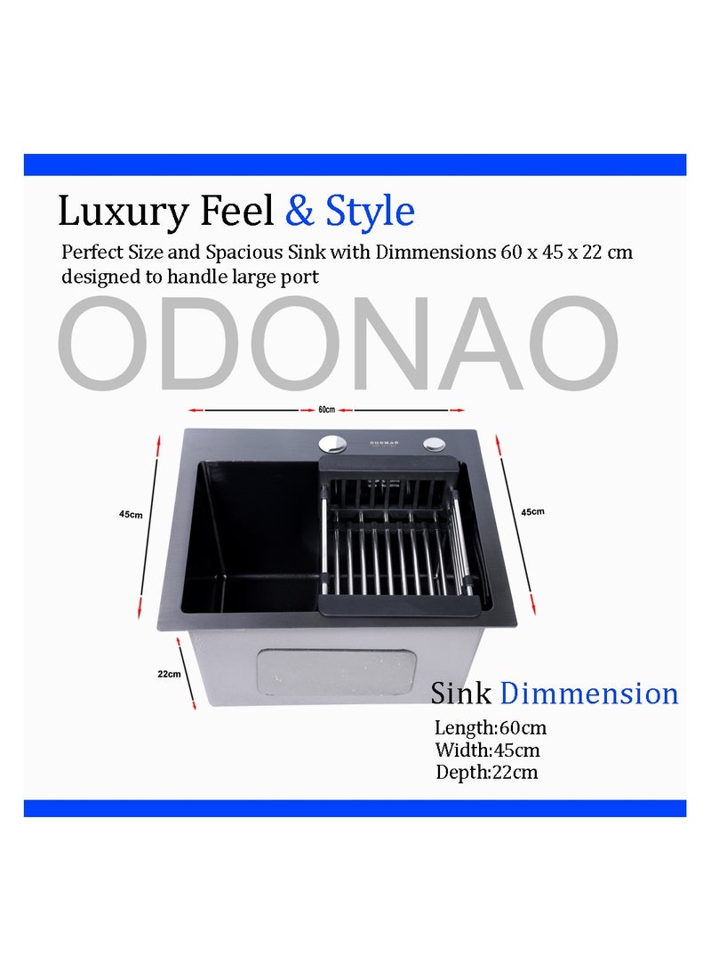ODONAO Premium Stainless Steel Kitchen Sink, 60x45x22 cm, Single Bowl, Black Finish, Durable Modern Design - Image 2