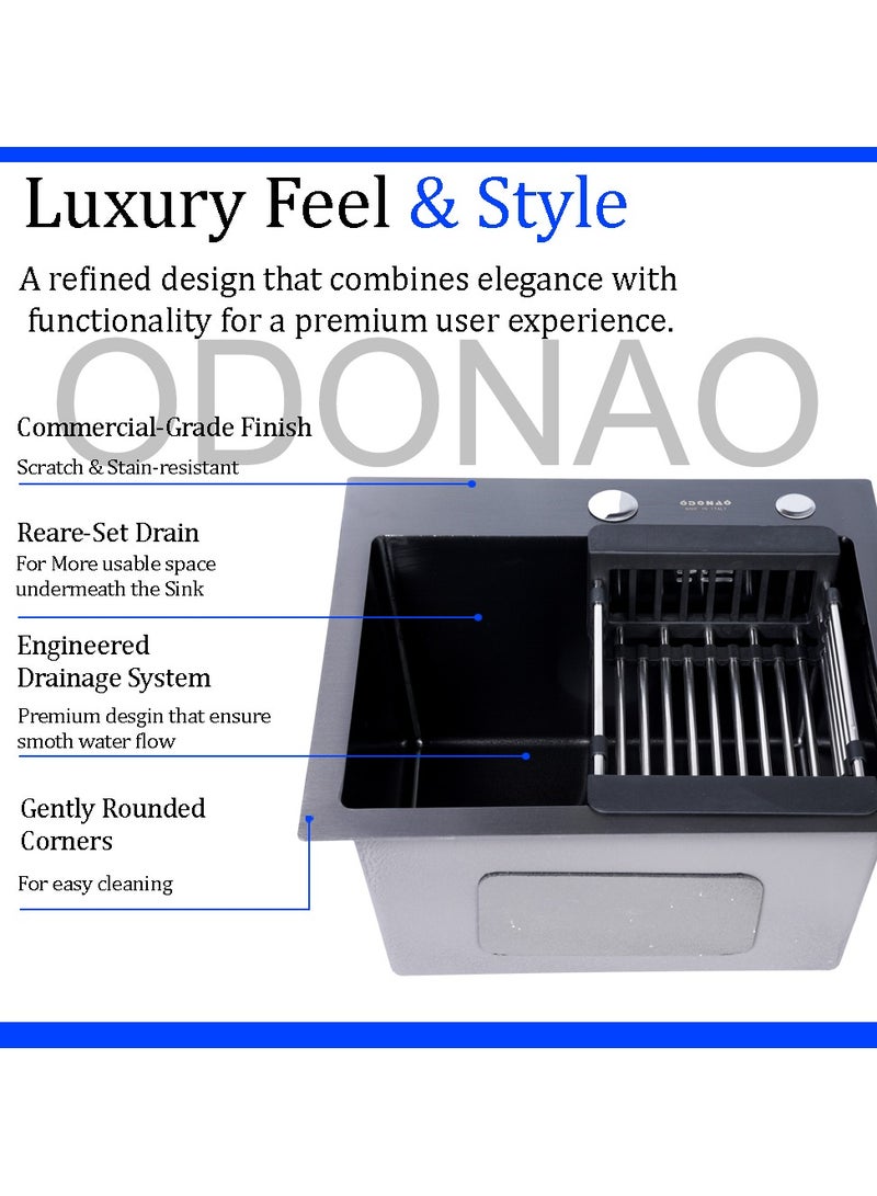 ODONAO Premium Stainless Steel Kitchen Sink, 60x45x22 cm, Single Bowl, Black Finish, Durable Modern Design - Image 3