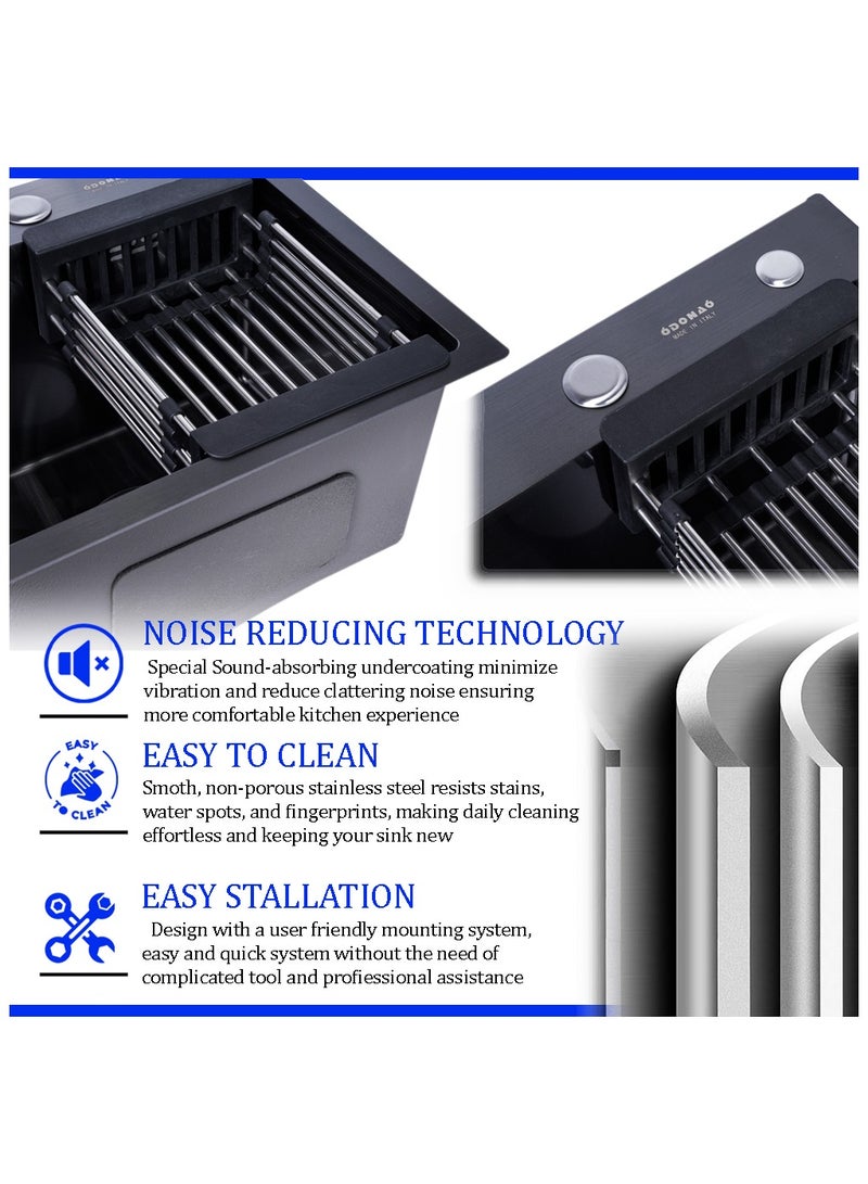 ODONAO Premium Stainless Steel Kitchen Sink, 60x45x22 cm, Single Bowl, Black Finish, Durable Modern Design - Image 4