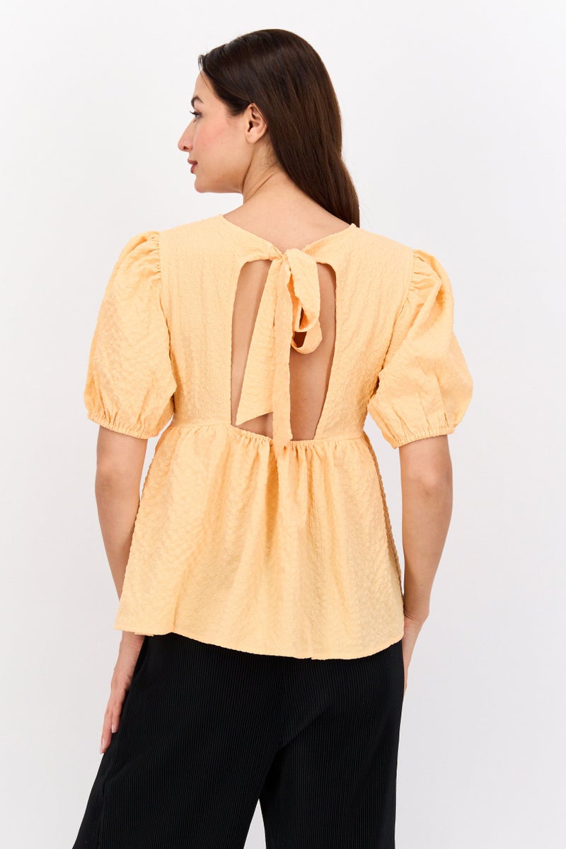Neon Rose Women Tie Neck Long Sleeve Textured Top, Peach - Image 3