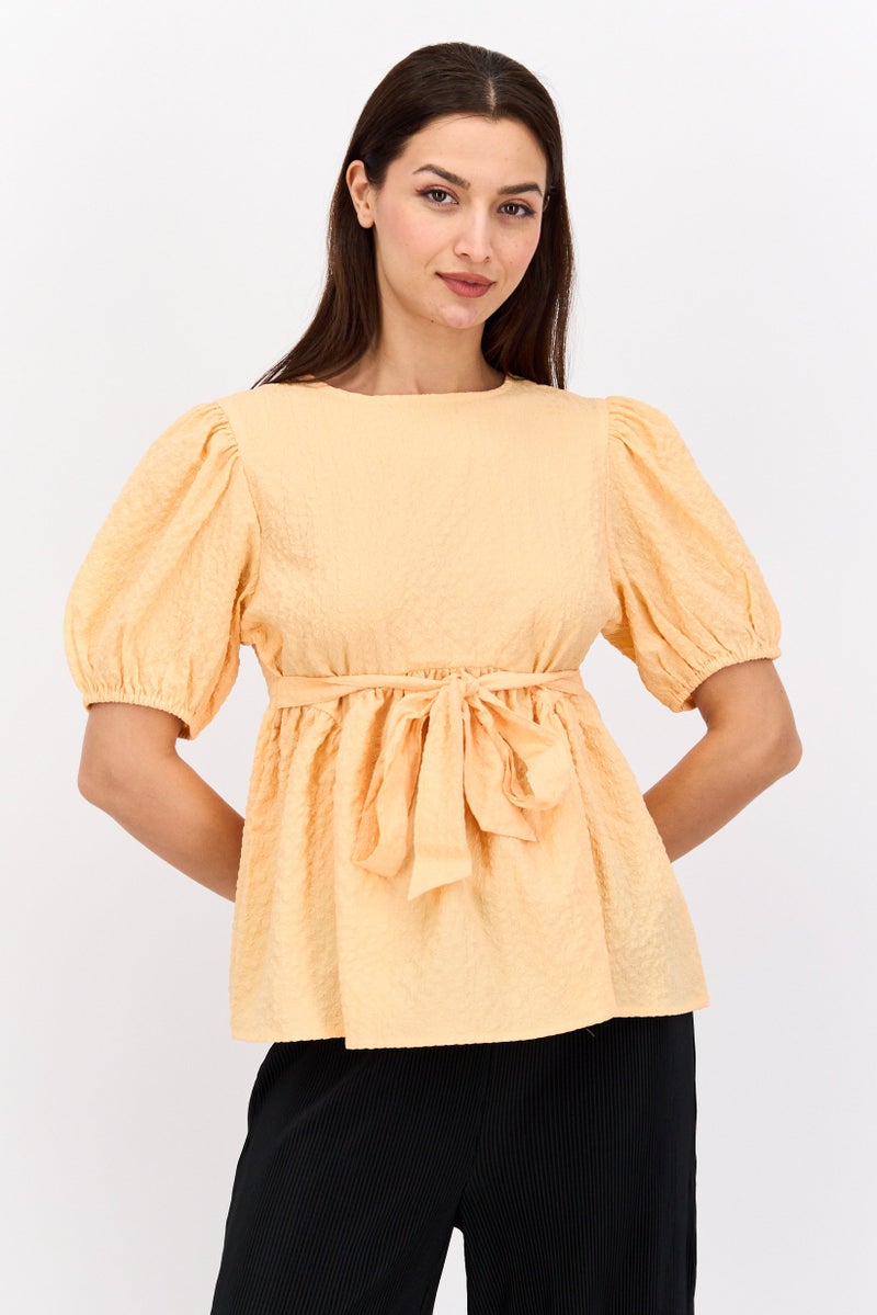 Neon Rose Women Tie Neck Long Sleeve Textured Top, Peach - Image 1