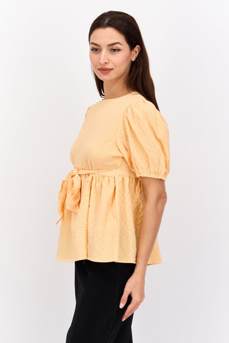Neon Rose Women Tie Neck Long Sleeve Textured Top, Peach - Image 2