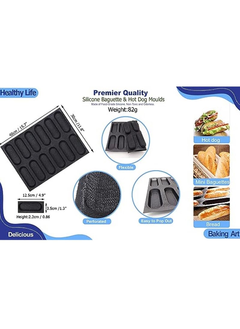 Generic - Silicone Baguette Moulds Mini Hot Dog Bun Mold Bread Bun Mold Pans Non-Stick Reusable Sandwich Baking Form French Bread Pan Hoagie Roll Baking Pans Perforated Mould 12-Loaf Bread Pans - Image 1