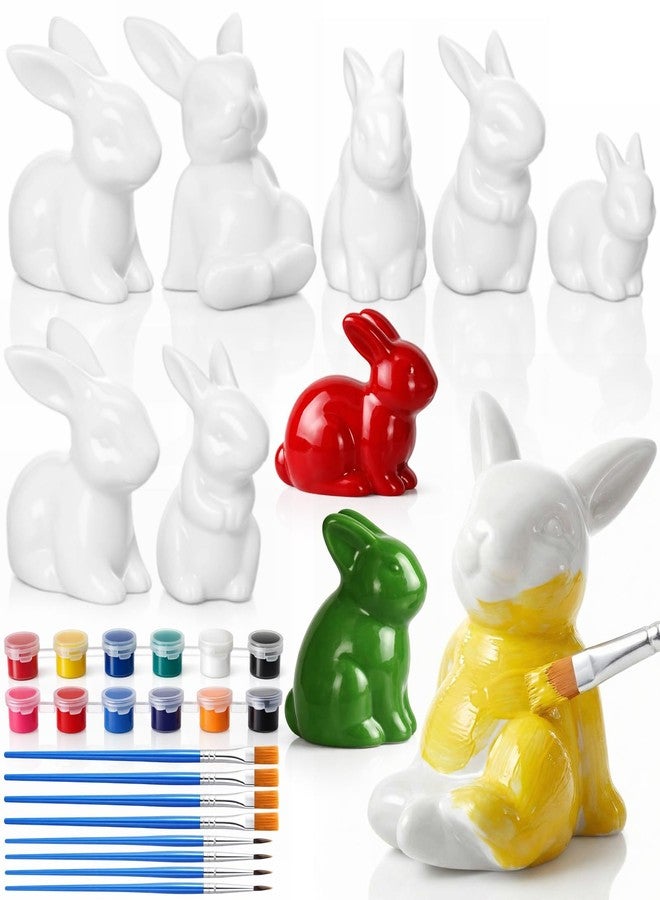 Remerry 8 Pcs Ceramic White Bunny Summer Bunny Crafts DIY Decorative Rabbit Figurines Porcelain Decor Modern Art Rabbit Figurine with 2 Set 12 Color Paints 8 Brush for Party Favor DIY Gift - Image 1