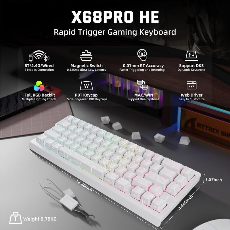 MAMBASNAKE X ATTACK SHARK X68PRO HE Wireless Gaming Keyboard Rapid Trigger, BT/2.4G/Wired, Magnetic Switch 0.01mm RT, 8KHz, Adjustable Activation Point, 5000mAh, RGB, for PC/Mac - White Outlines - Image 2