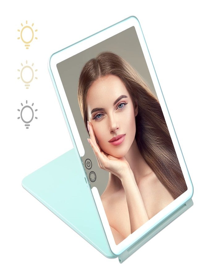KDKD Folding Travel Mirror Lighted Makeup Mirror with 72 LEDs 3 Colors Light Modes USB Rechargable 2000mA Batteries Ultra Thin Compact Vanity Mirror with Touch Screen Dimming for Cosmetic Green - Image 1
