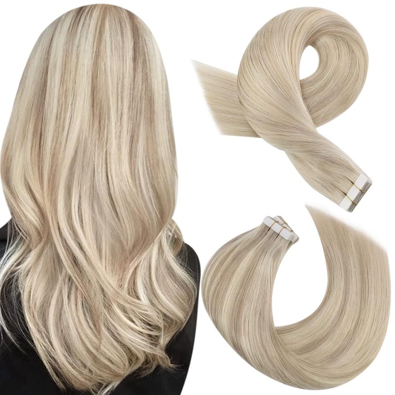 Moresoo Ash Blonde Tape in Human Hair Extensions Blonde Mix with Bleach Blonde Highlighted Human Hair Tape in Extensions Invisible Longer Straight Tape for Hair Extensions 16 Inch P18613 20pcs 50g