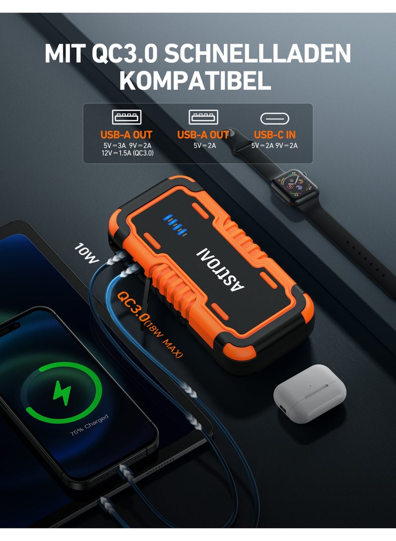 أسترواي AstroAI P10 بطارية السيارة القفز البداية ، 5000A محمولة القفز البداية حزمة البطارية لما يصل إلى 10L الغاز و 8L محركات الديزل ، 12V صندوق القفز الليثيوم ، حزمة تعزيز السيارات مع أضواء LED 3-الوضع وكابل القفز - Image 3