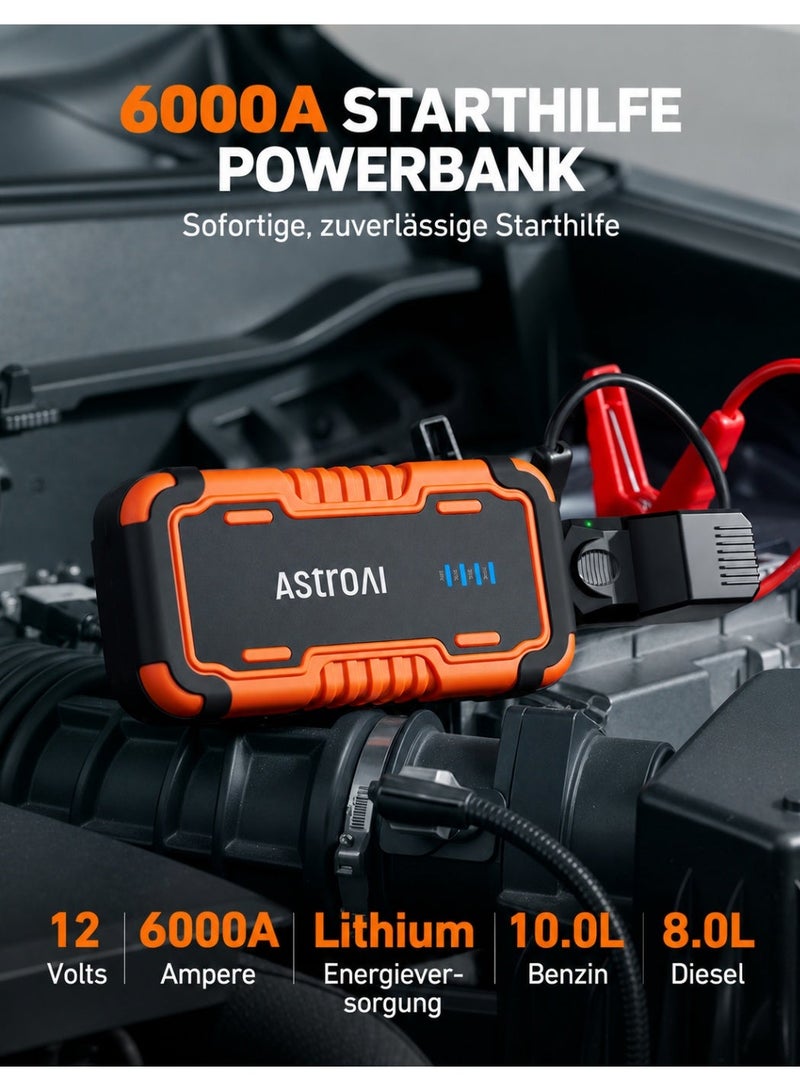 AstroAI 6000A Car Battery Jump Starter,Portable Jump Starter Battery Pack for Up to 10L Gas & 8L Diesel Engines, 12V Lithium Jump Box, Auto Booster Pack with 3-Mode LED Lights & Jumper Cable - Image 2