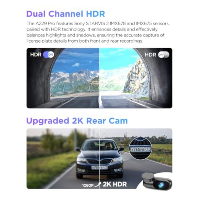 A229 Pro 4K HDR Dash Cam، كاميرا سيارة أمامية وخلفية بقناتين مع مستشعرات STARVIS 2 IMX678/IMX675، دقة 4K + 2K، رؤية ليلية HDR 2.0، التحكم الصوتي، 5 جيجا هرتز WiFi GPS، وضع انتظار 24 ساعة، دعم أقصى 512 جيجابايت، أسود، أداء منخفض الإضاءة للغاية - Image 4