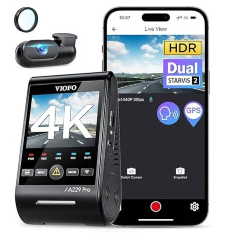 A229 Pro 4K HDR Dash Cam، كاميرا سيارة أمامية وخلفية بقناتين مع مستشعرات STARVIS 2 IMX678/IMX675، دقة 4K + 2K، رؤية ليلية HDR 2.0، التحكم الصوتي، 5 جيجا هرتز WiFi GPS، وضع انتظار 24 ساعة، دعم أقصى 512 جيجابايت، أسود، أداء منخفض الإضاءة للغاية - Image 1